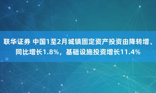 联华证券 中国1至2月城镇固定资产投资由降转增、同比增长1.8%，基础设施投资增长11.4%